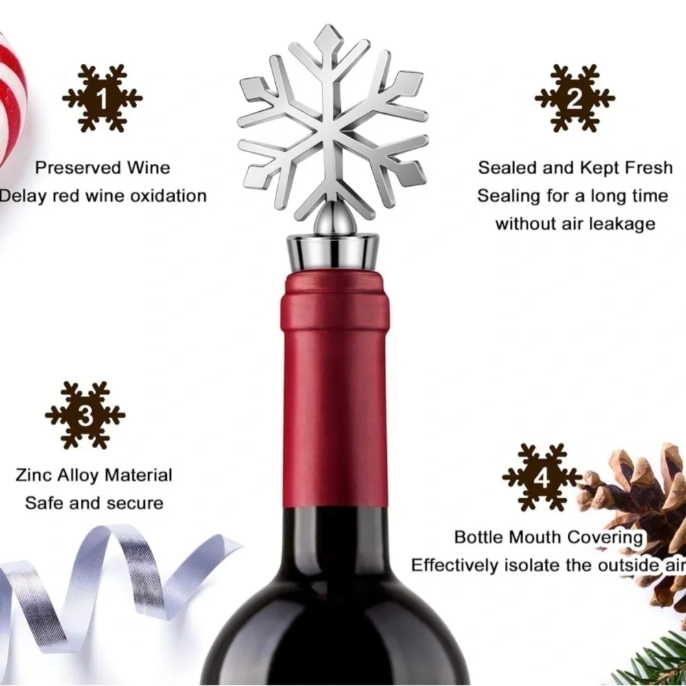 Set/2 Wine Bottle Stoppers, Silver, Snowflakes